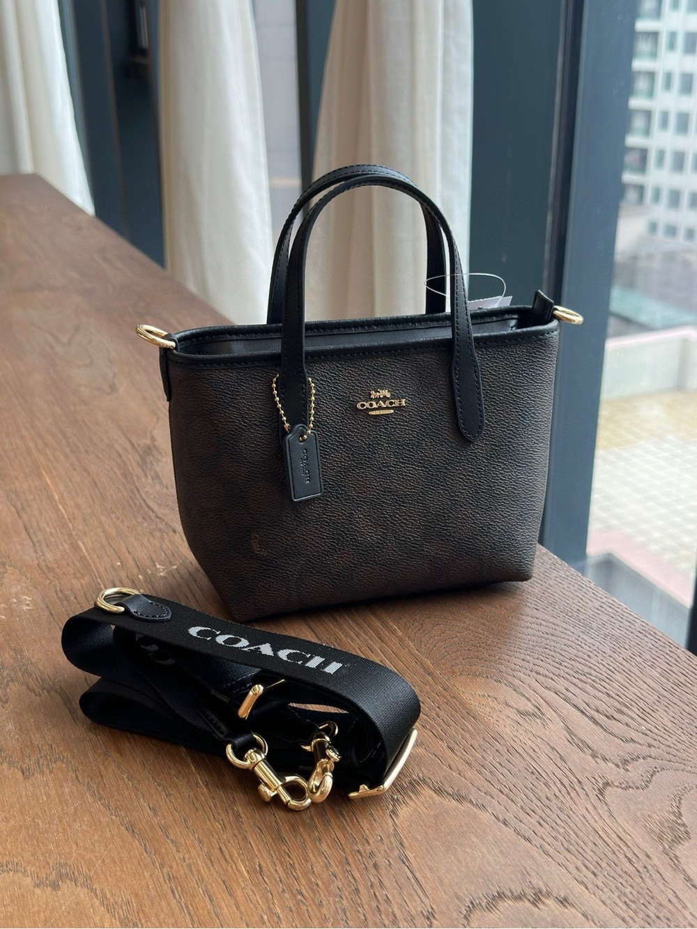 Coach Black/Brown Signature Mini Tote with Detachable Logo Strap